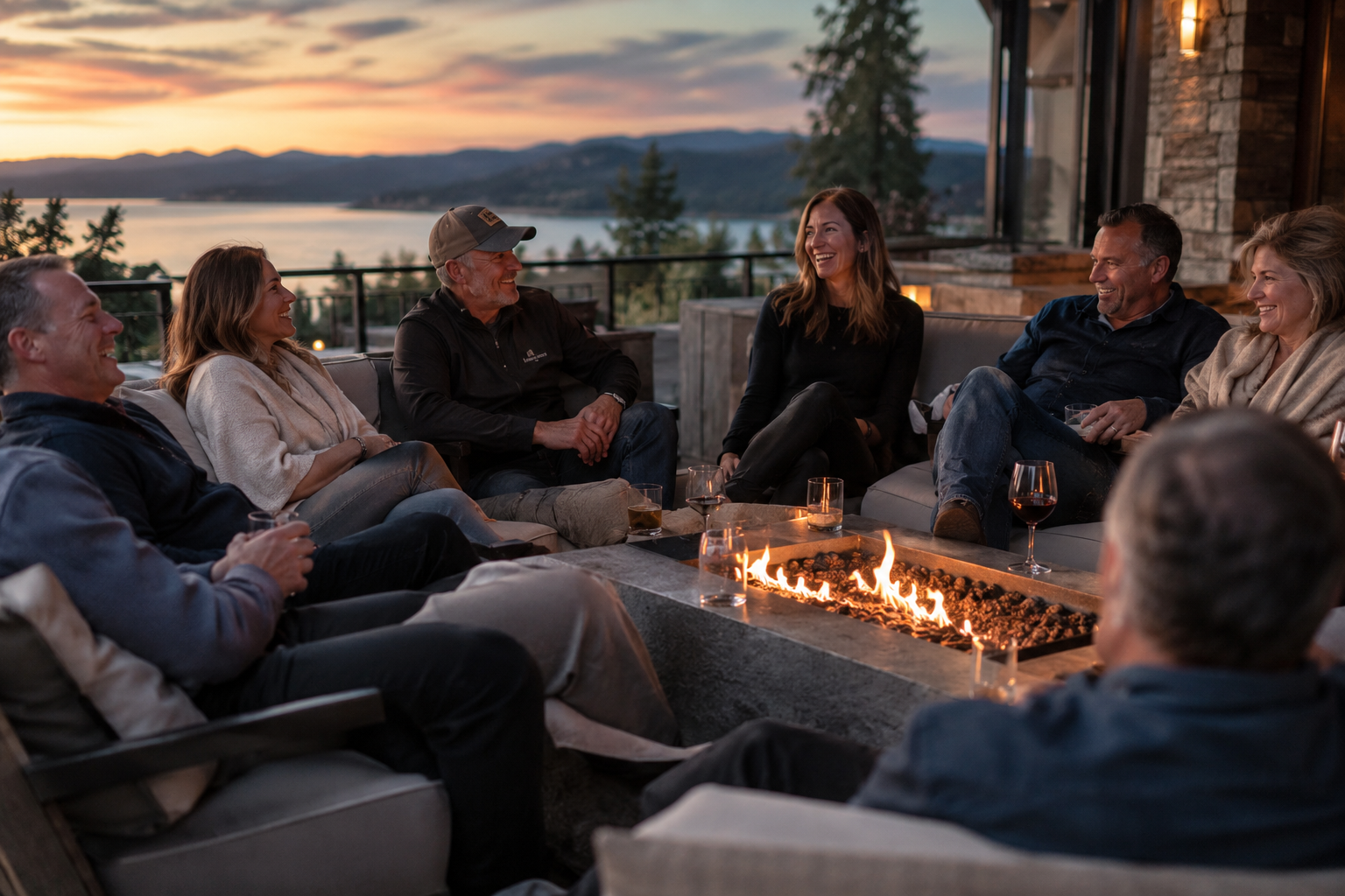 A small group of adults talking and laughing around an outdoor fire table on a terrace at sunset, with a lake and mountains in the distance.